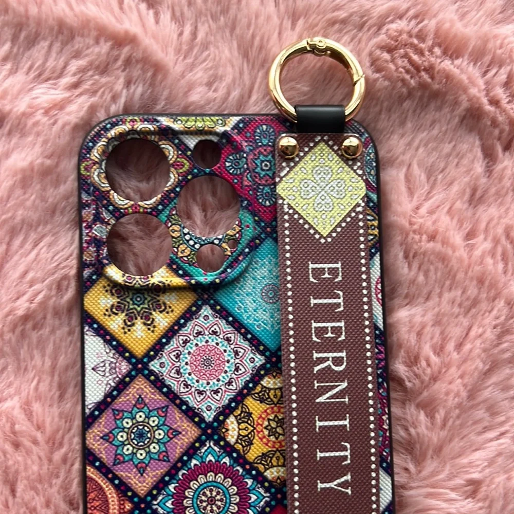For iPhone 14 plus,14 pro max phone case with wrist strap kickstand keychain